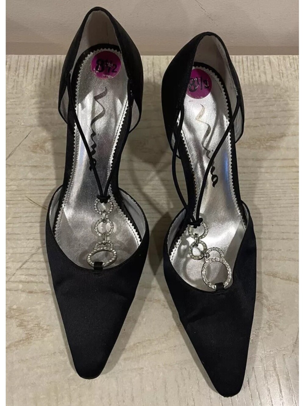 Nina Women’s Black Satin Rhinestone Strappy Pointed Toe Heels Pumps Size 8.5